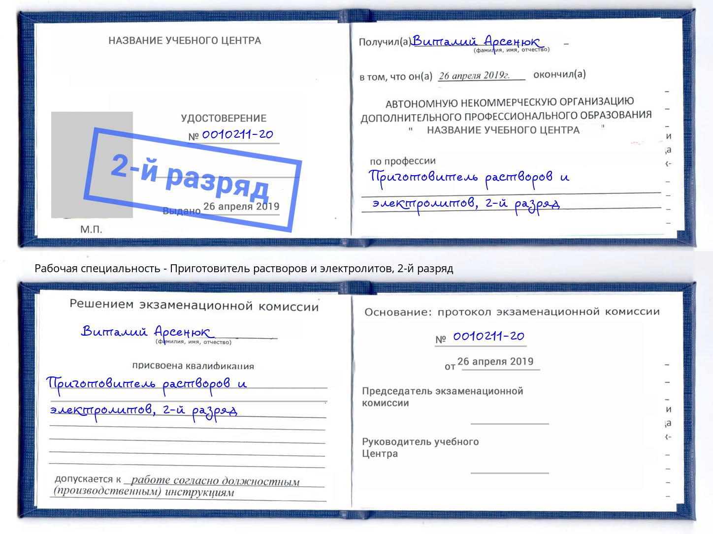 корочка 2-й разряд Приготовитель растворов и электролитов Ставрополь